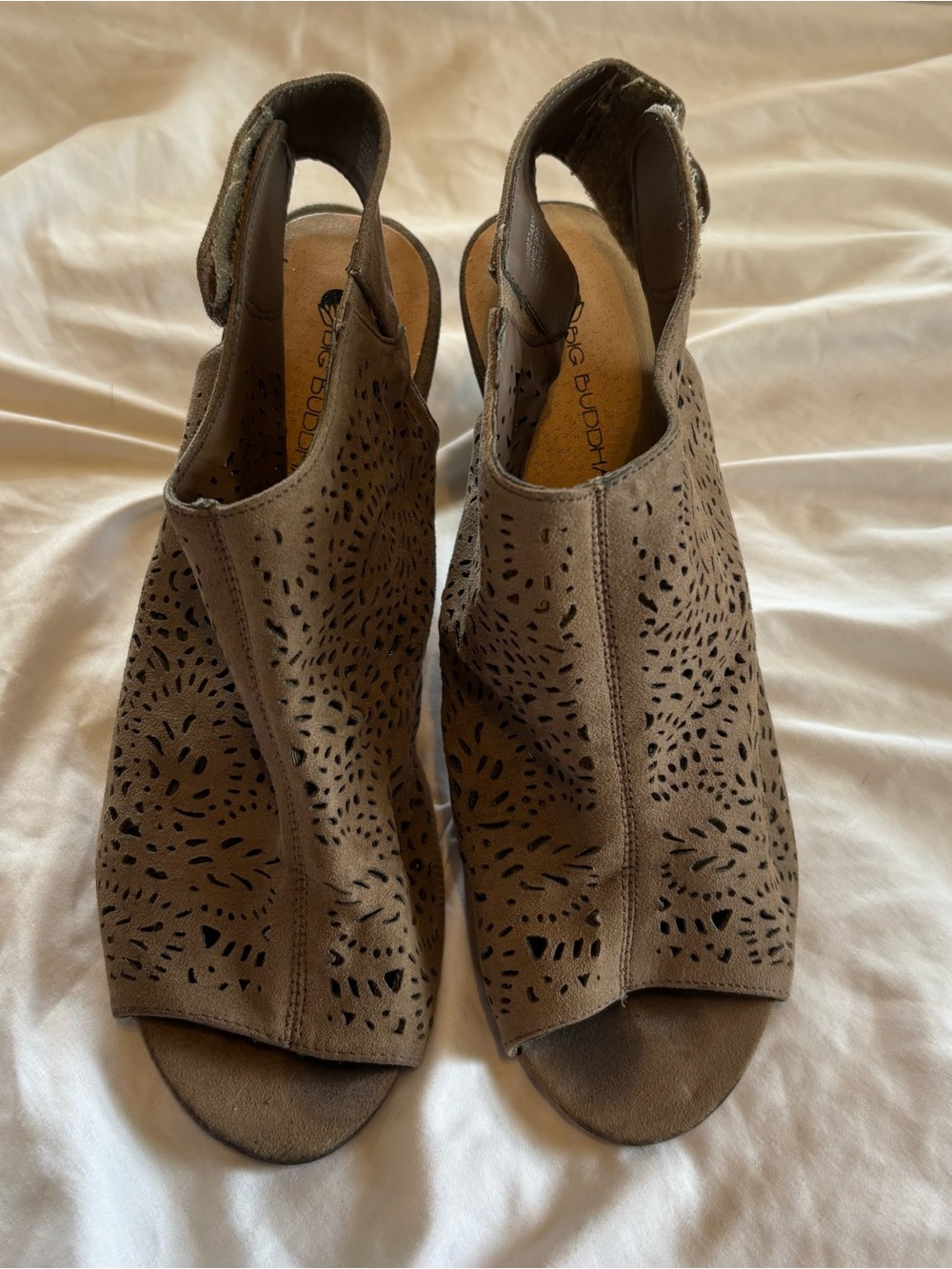 Big Buddha Taupe Laser-Cut Peep-Toe Mules